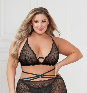 Three Piece Floral Lace Bra, Skirt, and G-String  Set - Queen - Black STM-11424XPBKQ