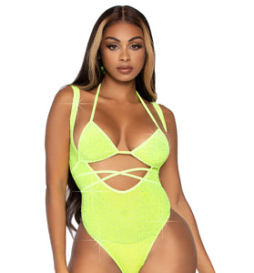 2 Pc. Rhinestone Wrap Around Bikini Top and Suspender Body Suit - One Size - Neon Yellow LA-89284NY