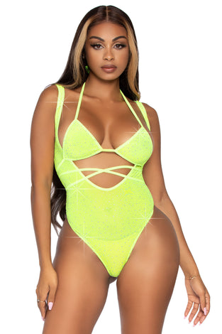 2 Pc. Rhinestone Wrap Around Bikini Top and Suspender Body Suit - One Size - Neon Yellow LA-89284NY