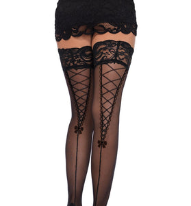 Stay Up Lace Top Sheer Thigh Highs With Faux Lace  - One Size - Black LA-9098