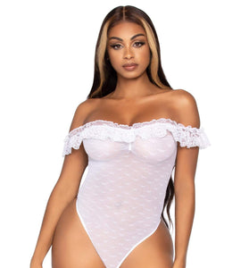 Lace Ruffle Snap Crotch Teddy - One Size - White LA-89269