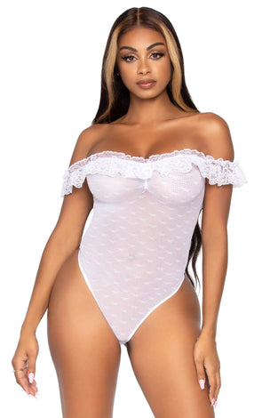 Lace Ruffle Snap Crotch Teddy - One Size - White LA-89269