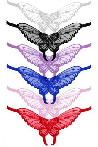 Butterfly Crotchless Panty With Pearl Accents - Assorted Colors - One Size LA-2600