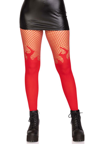 Opaque Flame Tights With Fishnet Top - One Size -  Red LA-9729REDOS