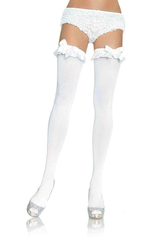 Opaque Thigh Highs With Satin Ruffle Trim and Bow - One Size - White LA-6010W