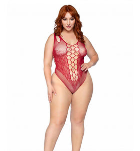 Net and Lace Bodysuit - 1x/2x - Burgundy LA-81641XBU1X2