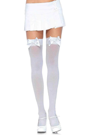 Opaque Thigh Highs With Satin Bow Accent -  One Size - White LA-6255WHT