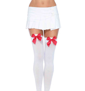 Nylon Over the Knee Socks - White With Red Bow LA-6255WHTRED