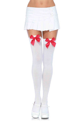 Nylon Over the Knee Socks - White With Red Bow LA-6255WHTRED