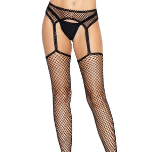 Industrial Net Stockings With Scalloped Trimmed  Attached Garter Belt - One Size - Black LA-1956BLKOS