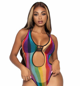 Rainbow Fishnet Cut Out Bodysuit With Strappy Bikini Back - One Size - Multicolor LA-81586MULTOS