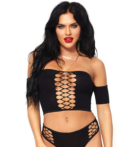 2 Pc Opaque Crop Top With Net Detail and Matching Thong Back Bottoms - One Size - Black LA-81572