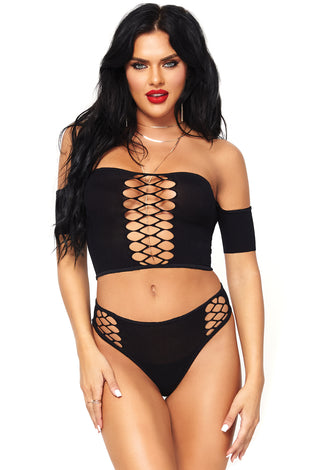 2 Pc Opaque Crop Top With Net Detail and Matching Thong Back Bottoms - One Size - Black LA-81572