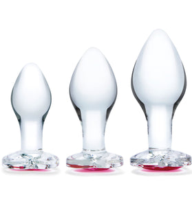 3 Pc Heart Jewel Glass Anal Training Kit -  Clear/pink GLAS-SET-08