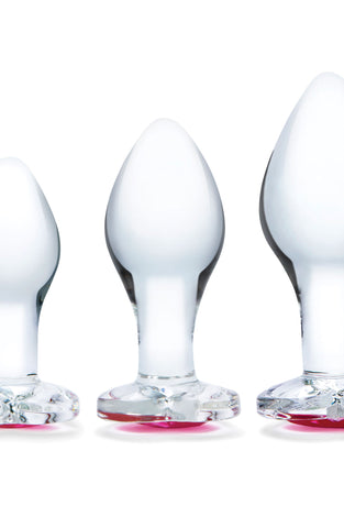 3 Pc Heart Jewel Glass Anal Training Kit -  Clear/pink GLAS-SET-08
