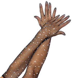 Rhinestone Fishnet Long Gloves - Black LA-2038BLK