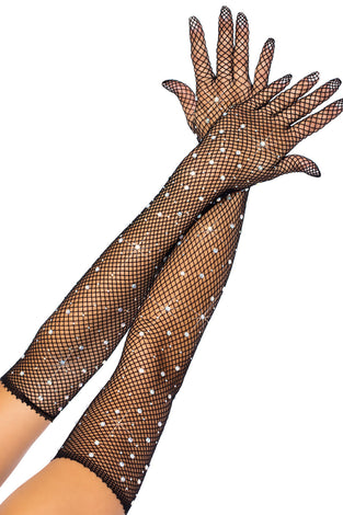 Rhinestone Fishnet Long Gloves - Black LA-2038BLK
