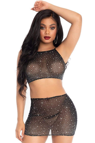 2 Pc Rhinestone Crop Top and Mini Skirt - Black - Medium LA-86152BLKM