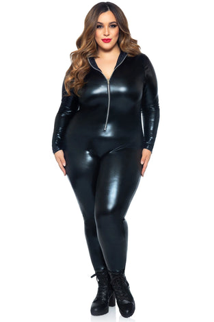 Lame Zipper Front Catsuit - 3x/4x - Black LA-85047XBL3X4