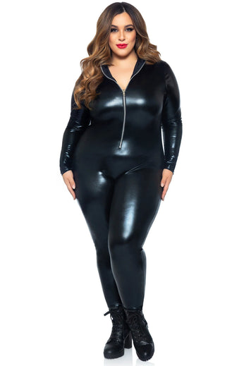 Lame Zipper Front Catsuit - 3x/4x - Black LA-85047XBL3X4