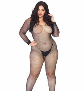 Crystalized Seamless Fishnet Long Sleeved  Bodystocking - 1x/2x - Black LA-89233XBL1X2