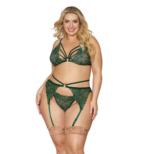 Bralette With Garter Belt and G-String - Queen Size - Evergreen DG-12707GRNQ